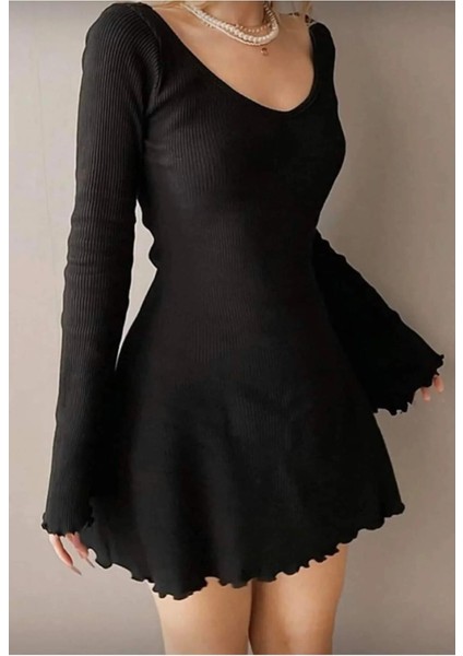 Trend Uzun Kollu V Yaka Fırfırli Elbise