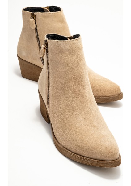 Jayer Bej Süet Hakiki Deri Fermuarlı Kadın Topuklu Bot