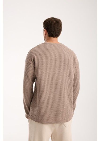 Basic Pamuklu Waffle Kumaş Erkek Sweatshirt – Rahat Kesim Düz Renk Uzun Kol Bisiklet Yaka fiyatları