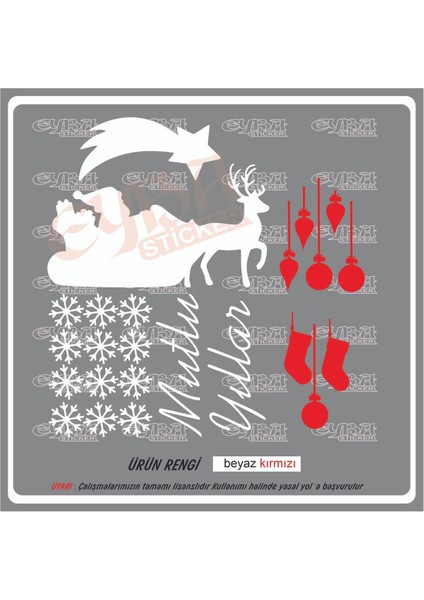 Noel Baba Geyikler Mutlu Yıllar Kar Çorabı Kırmızı Beyaz Yılbaşı Sticker Süs Cam Kar Tanesi fiyatları