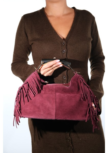 Astren Bordo Süet Hakiki Deri Püsküllü Kadın Kol Çantası