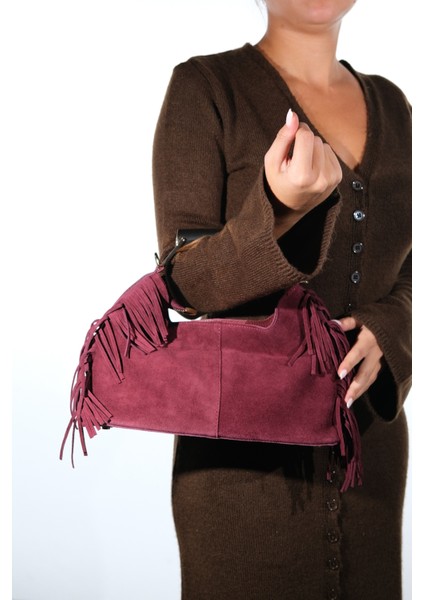 Astren Bordo Süet Hakiki Deri Püsküllü Kadın Kol Çantası fiyatları