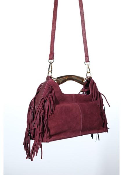 Astren Bordo Süet Hakiki Deri Püsküllü Kadın Kol Çantası modelleri