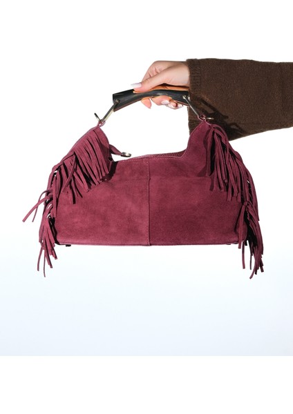 Astren Bordo Süet Hakiki Deri Püsküllü Kadın Kol Çantası fırsatları