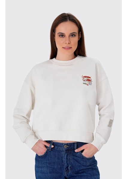 Nakışlı Organik Pamuklu Crop Sweatshirt