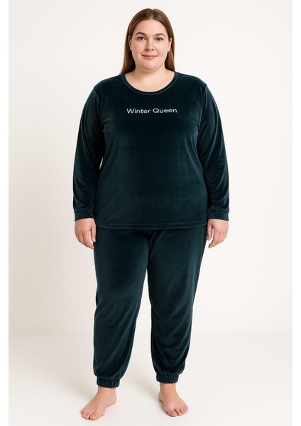 Kadın 13214-2655 Büyük Beden Kadife Pijama Takımı Siyah