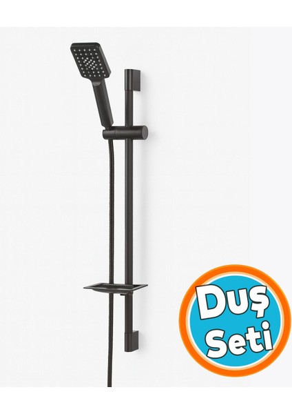 Siyah Sürgülü Duş Seti Kare Başlıklı Düğmeli El Duşu Hortumu Tutacağıyla Modern Lüks Banyo Takımı