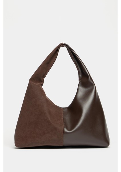 Kahverengi Süet ve Pu Deri Kontrast Kadın Shopper Omuz Çantası – Yumuşak Form Vintage Model
