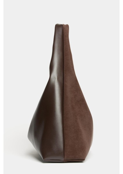 Kahverengi Süet ve Pu Deri Kontrast Kadın Shopper Omuz Çantası – Yumuşak Form Vintage Model modelleri