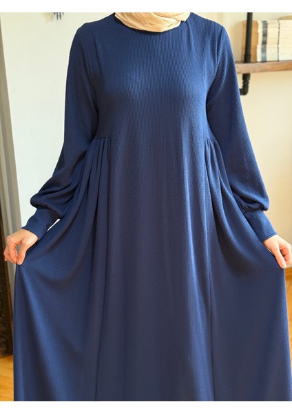 Lacivert Yandan Büzgülü Fitilli Örme Elbise 9922