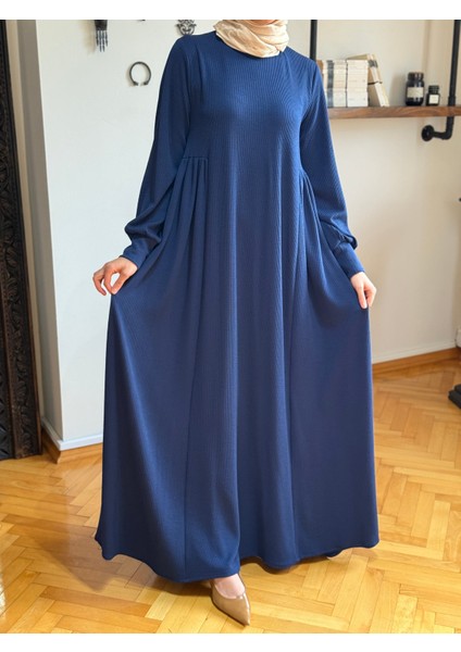 Lacivert Yandan Büzgülü Fitilli Örme Elbise 9922 modelleri