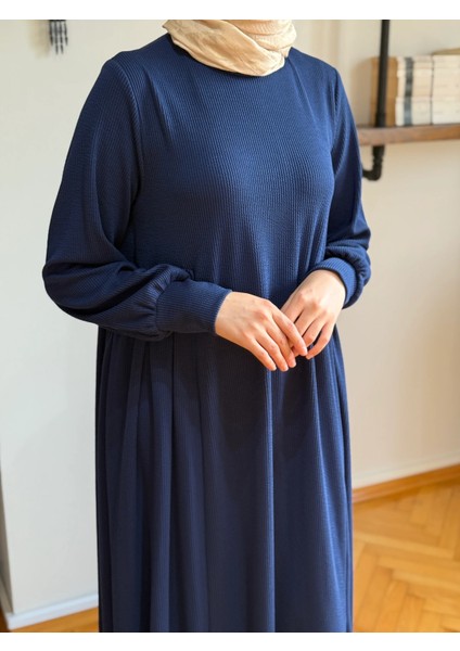 Lacivert Yandan Büzgülü Fitilli Örme Elbise 9922 indirimleri
