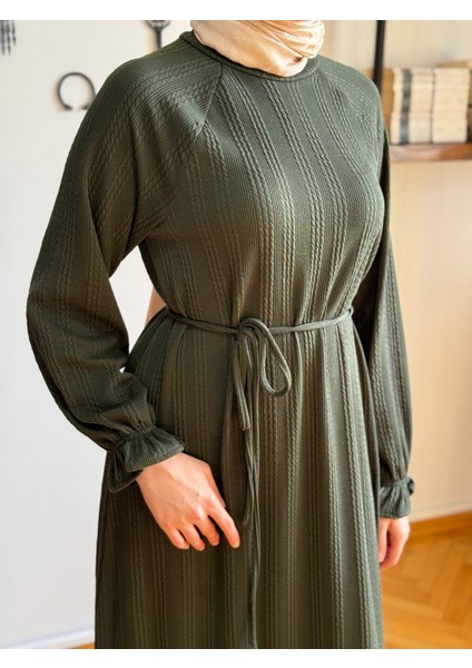 Haki Reglan Kol Saç Örgü Desen Örme Elbise 9923