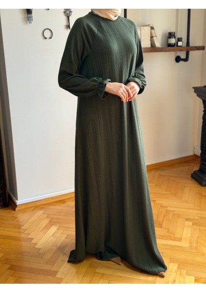 Haki Reglan Kol Saç Örgü Desen Örme Elbise 9923 modelleri