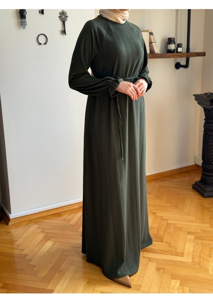 Haki Reglan Kol Saç Örgü Desen Örme Elbise 9923 fırsatları