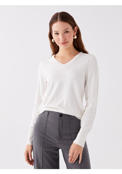 Yeni Sezon V Yaka Düz Uzun Kollu Kadın Triko Kazak