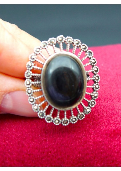 925 Ayar Kadın Gümüş Oltu Taşı Yüzük SY00050