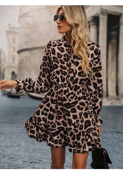 Kadın Uzun Kollu Yakadan Bağcıklı Modal Leopar Desenli Mini Elbise fiyatları