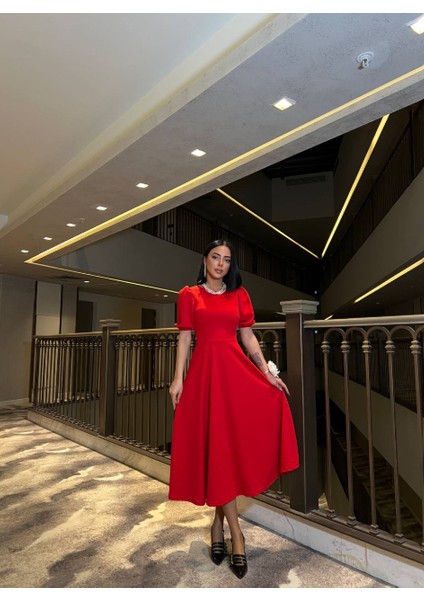 Kırmızı Karpuz Kollu Midi Boy Elbise 583151