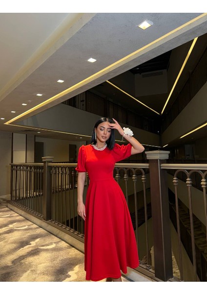 Kırmızı Karpuz Kollu Midi Boy Elbise 583151 fiyatları