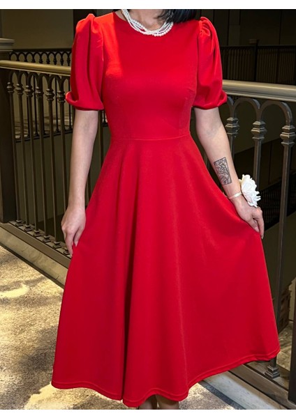Kırmızı Karpuz Kollu Midi Boy Elbise 583151 modelleri