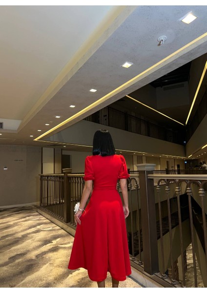 Kırmızı Karpuz Kollu Midi Boy Elbise 583151 fırsatları