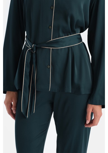 Biye Detaylı Saten Bağlamalı Gömlek