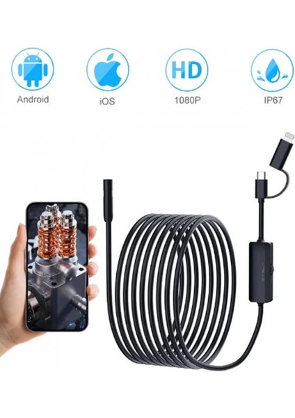 Endoskop Yılan Video Kamera Ios ve Android Uyumlu Led’li 10 Metre 8 mm Sert Kablo 2mp