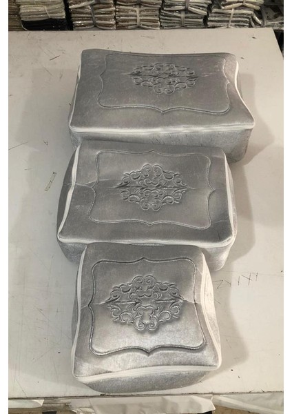 Nakışlı Kadife Fermuarlı Sünger 3lü Hurç Gri