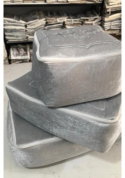 Nakışlı Kadife Fermuarlı Sünger 3lü Hurç Gri fiyatları