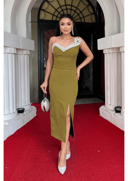 Atlas Kumaş Taş Detaylı Kalem Elbise - Haki Yeşili fiyatları