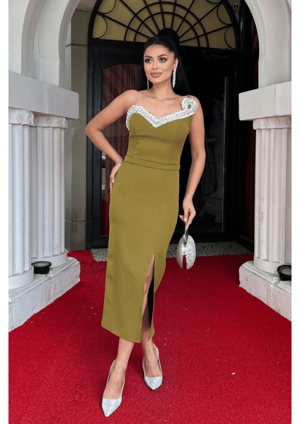 Atlas Kumaş Taş Detaylı Kalem Elbise - Haki Yeşili fırsatları