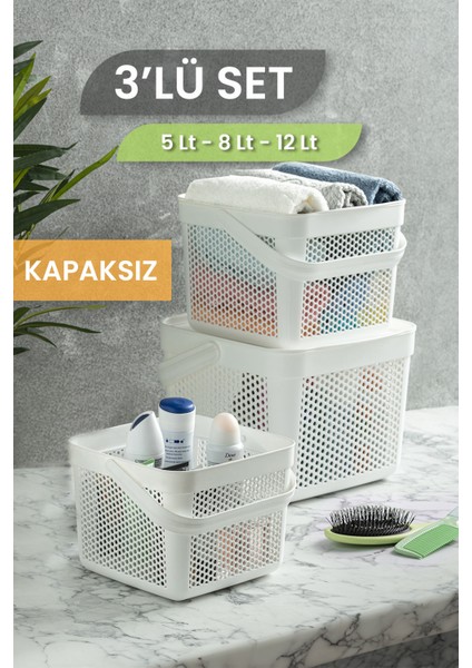 3'lü Çok Amaçlı Sepet - Banyo Düzenleyici Kulplu Saklama Kutusu Dekoratif Organizer 5-8-12LT Beyaz
