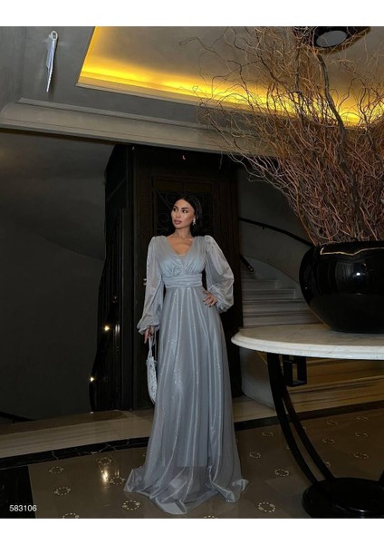 Simli Tül Abiye 583106 Gri