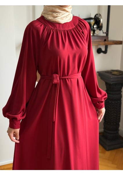Bordo Reglan Kollu Büzgülü Elbise 5089