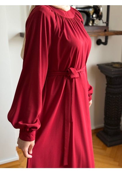 Bordo Reglan Kollu Büzgülü Elbise 5089 fiyatları