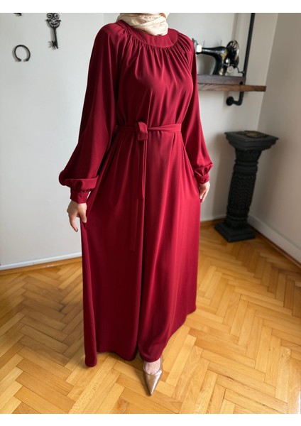 Bordo Reglan Kollu Büzgülü Elbise 5089 fırsatları