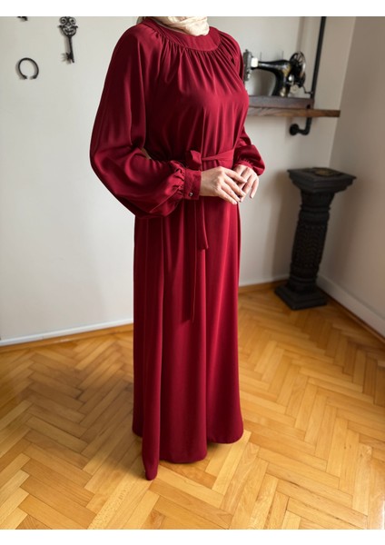 Bordo Reglan Kollu Büzgülü Elbise 5089 indirimleri