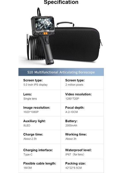 S10 Lens Çapı 3.9mm 360 Derece Hareketli Oynarbaşlı 2 Metre Kablo Endoskop Yılan Kamera