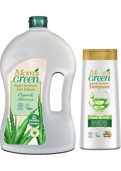 2'li Set Mom's Green Doğal Sertifikalı Sıvı Sabun 1.5 Lt + Organik Sertifikalı Şampuan 400 ml Aloeveralı Ecocosmos