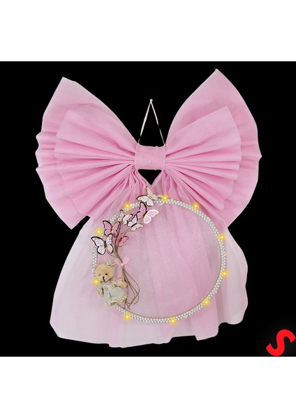 Kasnaklı Tül Fiyonk ve Ayıcıklı 70CM x 55CM Kapı Süsü - Pembe modelleri