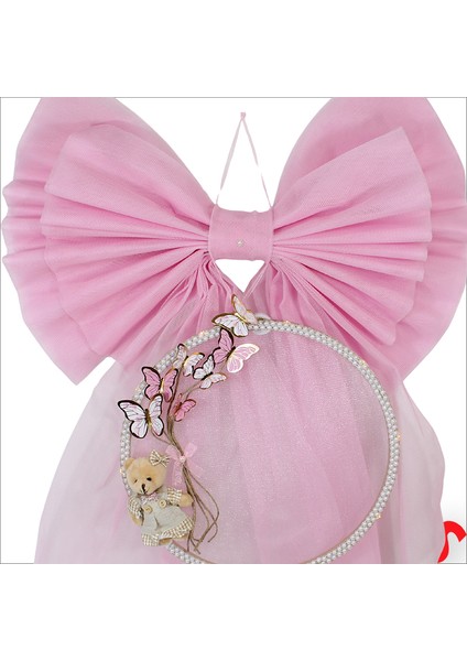 Kasnaklı Tül Fiyonk ve Ayıcıklı 70CM x 55CM Kapı Süsü - Pembe fırsatları