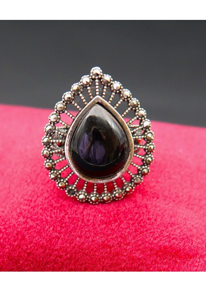 925 Ayar Kadın Gümüş Oltu Taşı Yüzük SY00048