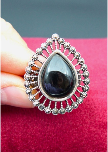 925 Ayar Kadın Gümüş Oltu Taşı Yüzük SY00048 fiyatları