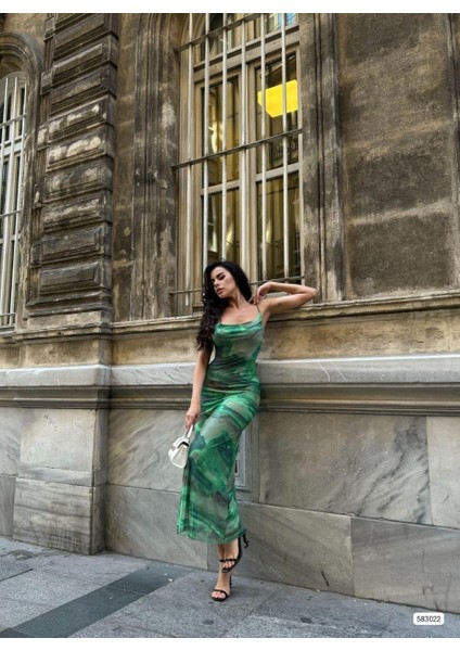 Desenli Düz Askılı Elbise 583022 Yeşil