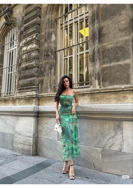 Desenli Düz Askılı Elbise 583022 Yeşil fiyatları