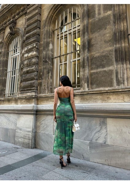 Desenli Düz Askılı Elbise 583022 Yeşil fırsatları