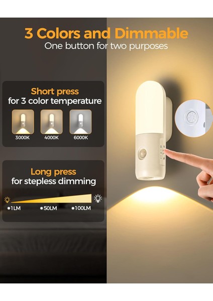 Hareket Sensörlü LED Gece Lambası, Parlaklık Ayarı Yapılabilir, 3 Modlu, Kablosuz, Merdiven, Koridor, Yatak Odası, Çocuk Odası Aydınlatması, USB Şarj Edilebilir Işık, LED Manyetik Lamba