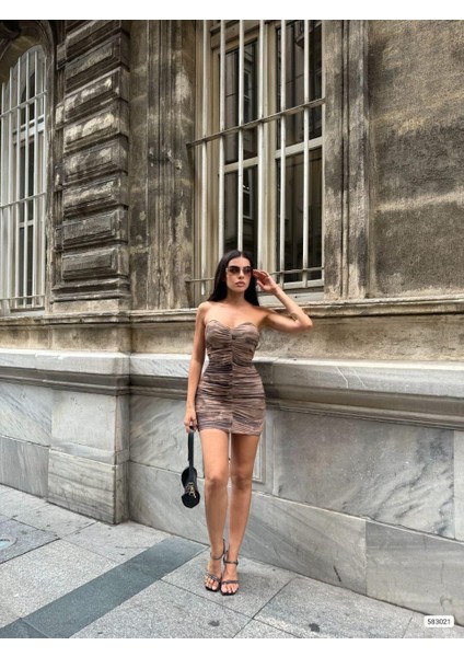 Straplez Yaka Büzgülü Mini Tül Elbise 583021 Kahve fiyatları