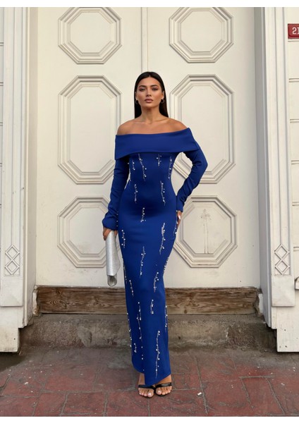 Taş Detaylı Straplez Yaka Scuba Kumaş Uzun Kol Elbise Saks 583350